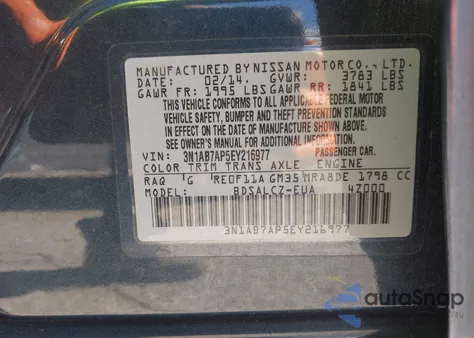 2014 Nissan Sentra S z USA, uszkodzony, nr VIN 3N1AB7AP5EY216977